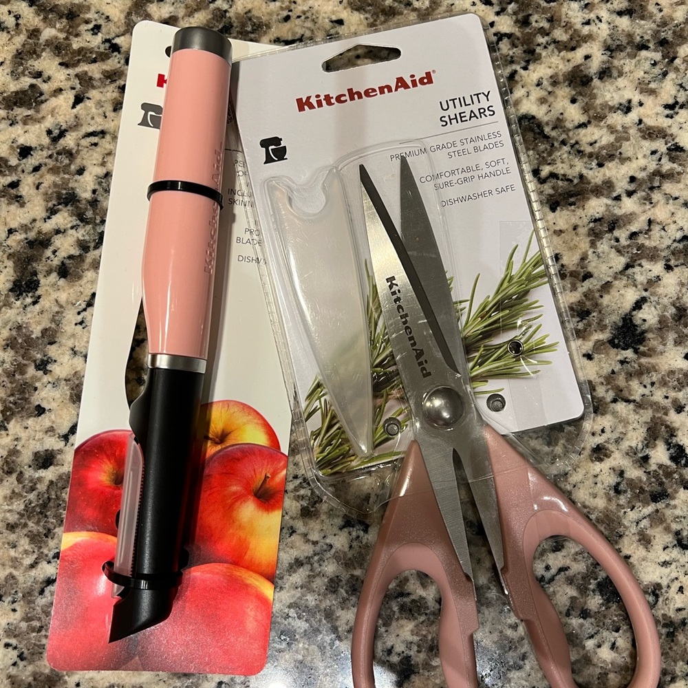 KitchenAid Pink and Black Utility Shears and peeler